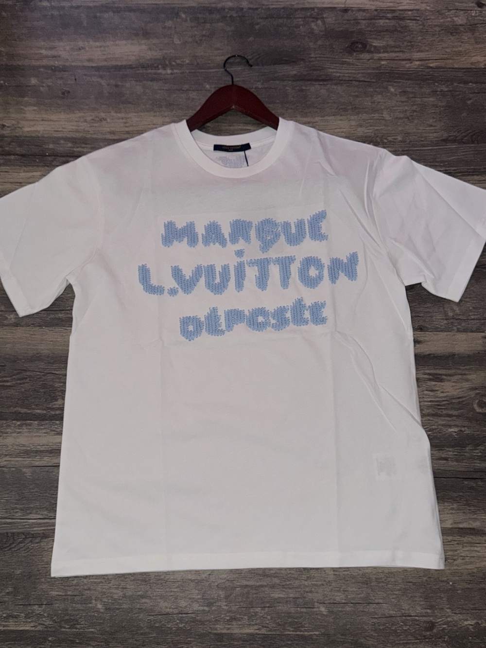 Louis Vuitton White T-Shirt with Light Blue Logo Graphic